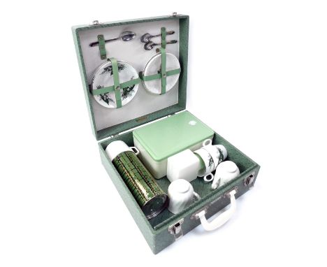 A Brexton picnic hamper, in green, with contents, to include thermos flask, teacups and saucers, etc. 