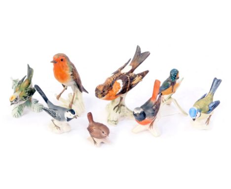 A group of Goebel matt porcelain birds, to include Blue Titmouse, Firecrest, Robin, etc. (8)