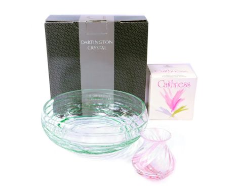 A Dartington Crystal large green Ocean bowl, 28cm diameter, boxed, and a pink Caithness swirl vase, 10cm high, boxed. (2) 