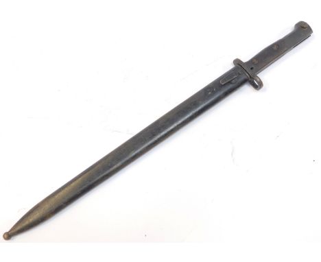 A British Army 1907 pattern bayonet, with wooden handle, and the steel scabbard, length of blade 38cm. 