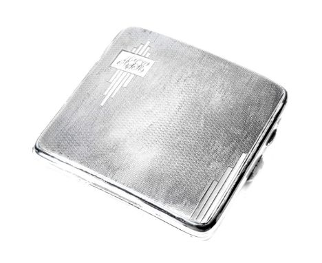 An Edward VII silver cigarette case, of ached form with engine turned engraved decoration, with Art Deco style panel bearing 