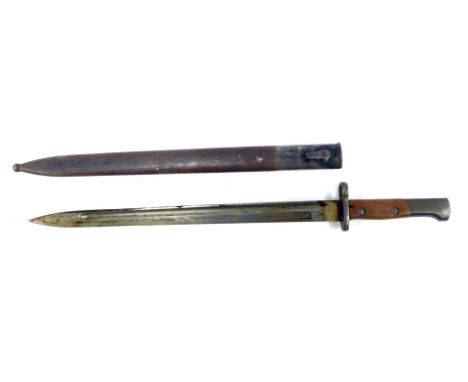 A British Army 1907 pattern bayonet, with wooden handle, with steel scabbard, length of blade 38cm. 