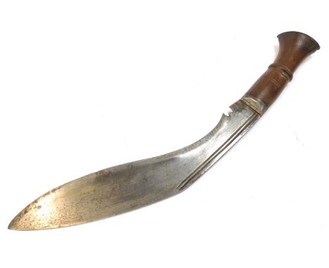 A Nepalese or Indian Kukri, with wooden handle and curved steel blade, together with a leather scabbard marked To J Bailey fr