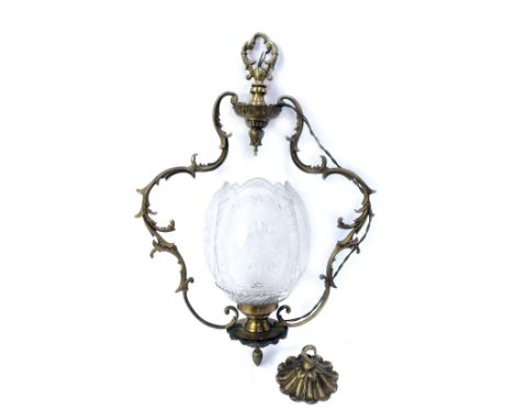A Victorian style brass framed hanging lamp, with frosted and etched glass shade decorated with birds in branches, the frame 