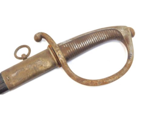 An early 19thC French Briquet infantry sword, with slightly curved blade, steel hilt and metal and leather scabbard, length o