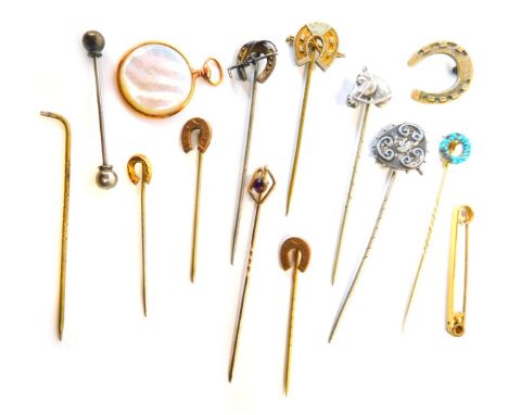 Various tie pins, some with yellow metal tops, mainly plated and silver examples, to include horse's head, horseshoe, imitati