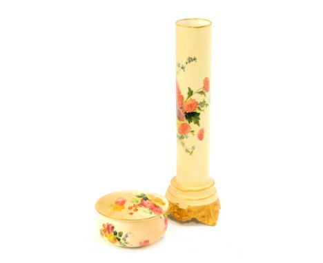 A Royal Worcester blush porcelain trinket box and cover, of cylindrical form, decorated with flowers, printed marks, 7cm diam