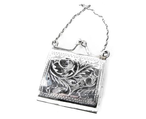 A novelty miniature purse, with chain link and engine engraved decoration, white metal stamped 925, 3cm high, 0.31oz. 