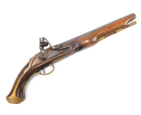 A replica flintlock holster pistol, with wooden and brass ramrod, and brass furniture, numbered 4844, 49cm long. 