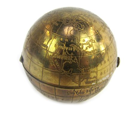 A mid century Pygmalion powder compact, modelled as a globe, the hinged lid with mirror inset to top, the base with blotter, 