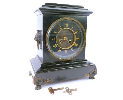 A late 19thC French slate mantel clock, the dial with black chapter ring bearing Roman numerals, eight day movement by L Marl