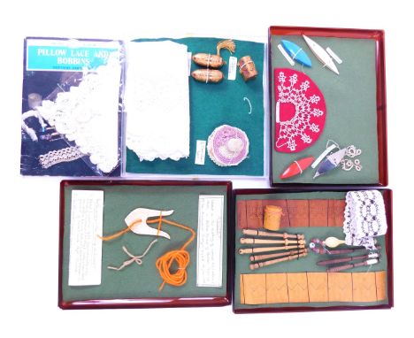 A group of sewing related items, for tatting, lucet items relating lace making, pair of thimble cases, case modelled as a cab