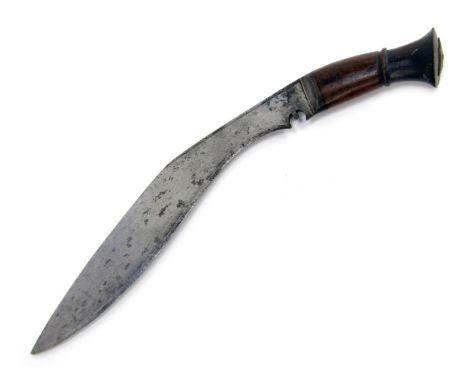 A Nepalese or Indian Kukri, with wooden handle, curved steel blade and brown leather scabbard bearing stamped CA19, length of