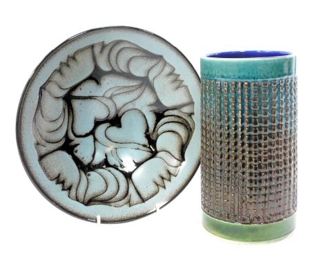 A Poole pottery Aegean pattern dish, together with a Poole cylindrical vase.