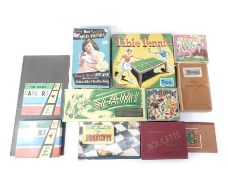 Various bygone games, puzzles, etc., to include a JWR puzzle, a Palitoy hand puppet doll Polly Pigtails, giraffes, table tenn