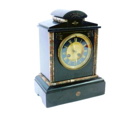 A Victorian black slate and marble mantel clock, brass dial with black chapter ring bearing Roman numerals, movement with coi