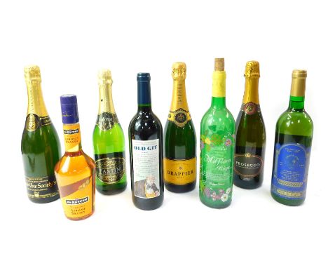 A group of alcohol, comprising The Wine Society Champagne brut, Prosecco, 100th Anniversary Lancaster Lodge white wine, Drapp