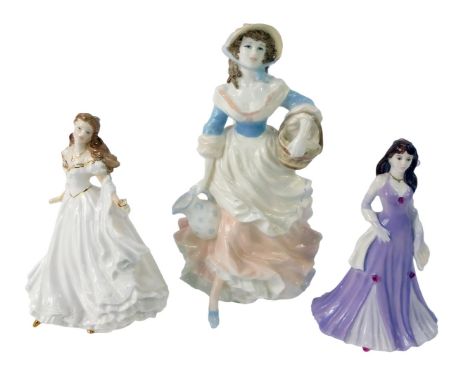 Three Coalport and Royal Worcester ladies, comprising Debutant Kim (small), Royal Worcester Thank You Golden Moments (small),