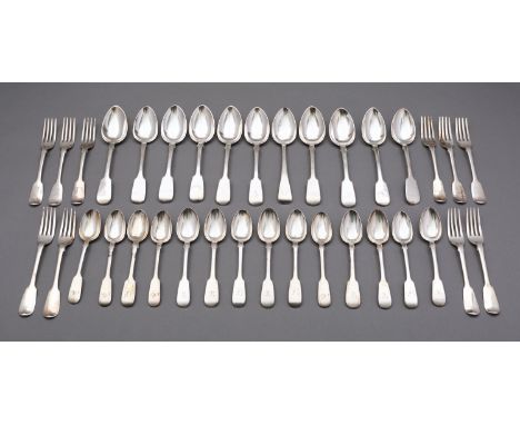 A mixed group of Fiddle pattern silver flatware, various dates and maker mostly early 19th century including; fourteen tea sp