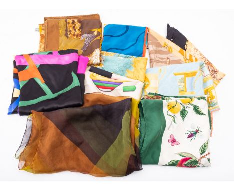 Eight women's fashion silk scarf /squares; Mary Sumner hand painted, two Gucci,  four Salvatore Ferragamo  and one un-marked,