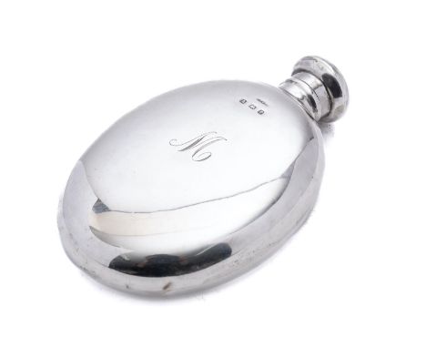 An Edward VII silver hip flask marker's mark rubbed, Birmingham 1905, of oval form, with concave back, screw lid, engraved in