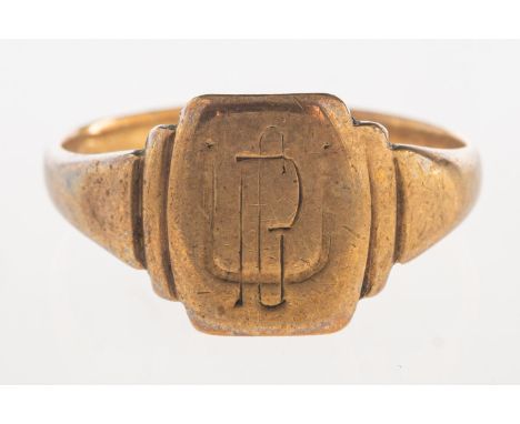 A signet ring, monogrammed to the front, marked 9ct, size U1/2, 3.5grams.