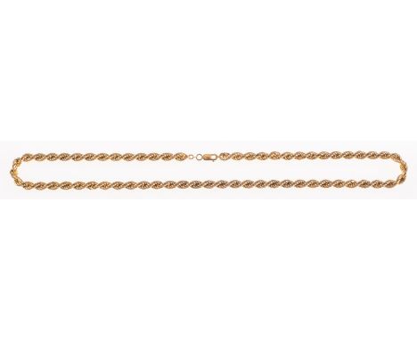 A 9ct yellow gold twisted rope chain, UK import mark to jump ring, length approx. 62.0cm, 90.0grams.