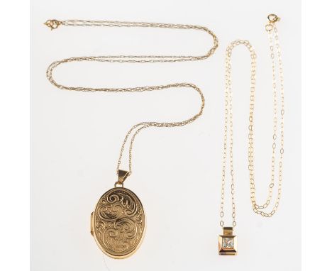 Two pendants with chains, including a 9ct gold oval engraved locket, UK hallmark, length approx. 3.3cm (inc. bale), on a twis