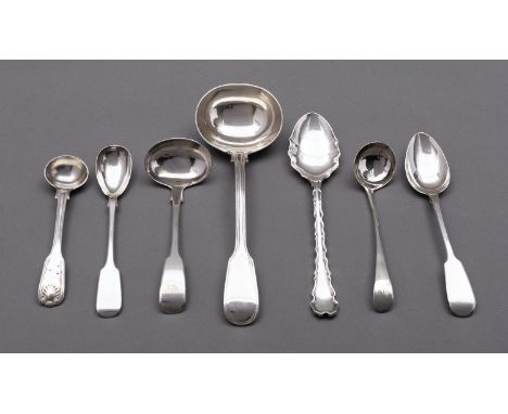 A mixed group of silver spoons including; Victorian silver Fiddle and Thread pattern sauce ladle by George Adams, a small Exe