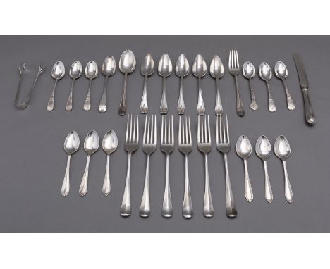 A mixed group of silver flatware including; a set of six Hanoverian pattern dessert forks by Cooper Brothers & Sons Ltd, Shef