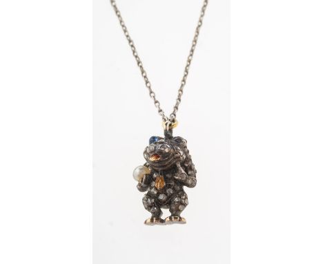 A diamond, sapphire, pearl and enamel 'creature' pendant with chain, a little 'creature' pendant set all around with rose-cut