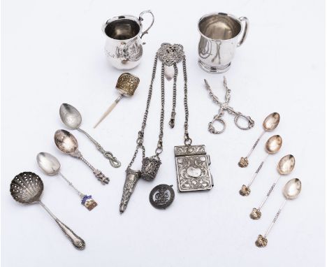 A mixed group of silver including; a pair of cast Victorian tea tongs maker's mark poorly struck, Birmingham 1851, A George I