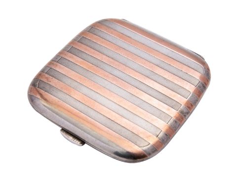 An Art Deco silver cigarette case by Sampson Mordan & Co, London 1920, of round square shape, with pink gold band and line de