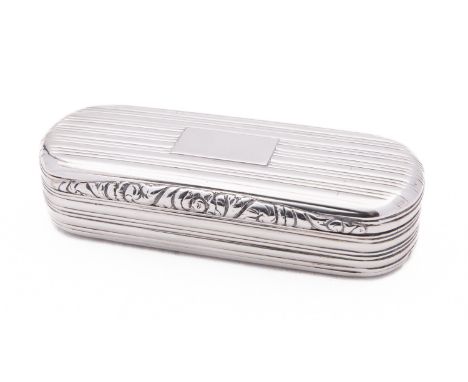 A George IV silver snuff box by Nathaniel Mills, London 1826, of rounded rectangular form, with reeded decoration, 8.4cms. (3