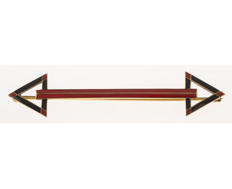 An enamel arrow brooch, of Art Deco geometric style with red and black enamelling, pin and safety catch fitting, catch marked