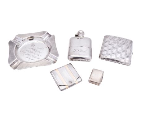 A mixed group of silver including; a George V silver hip flask by James Deakin & Son, Sheffield 1914, with pull off cup, engr
