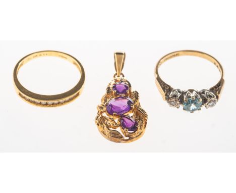 A small group of jewellery, including an 18ct gold half eternity style ring set with approx. 0.15 carat total of brilliant-cu