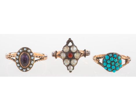 Three antique rings, including a ring set with turquoise cabochons, enclosed back setting, split shoulders, unmarked, size L1
