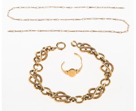A small group of jewellery, including a fancy-link figure of eight and rope twist bracelet, marked 9 .375 to jump rings, leng