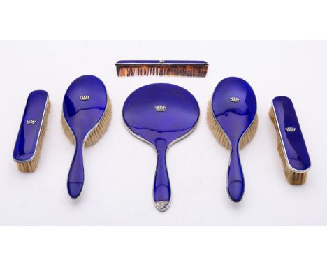 A George V six piece silver and enamel dressing table set in a fitted case by Adie Brothers Ltd, Birmingham 1924, comprising 