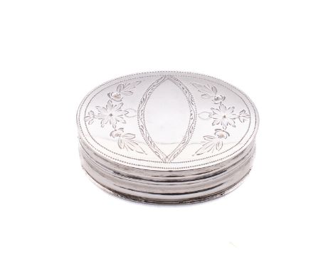 A George III silver snuff box by John Thornton, Birmingham 1798, of oval form, with pull off lid, pricked decoration, plain n