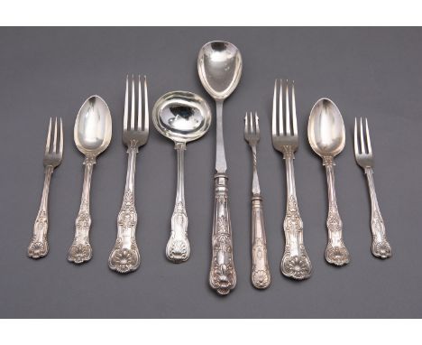 A mixed group of silver Queen's pattern flatware including; two London table forks, two dessert spoons, two dessert forks and
