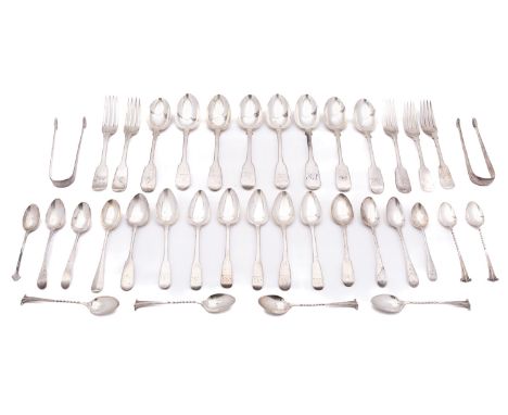 A mixed group of silver flatware mostly Fiddle pattern including; eight dessert spoons, eight teaspoons, five table forks, va