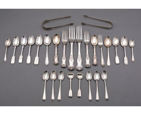 A mixed group of silver flatware to include; a pair of Edward VII King's pattern table forks and a matching pair of King's pa