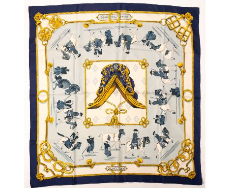 Hermes. A silk Hermes scarf, Equitation Japonaise,  Francoise de la Perrier 1969, blue and gold, approx. 91cm x 91cm. 