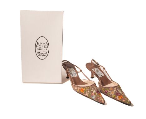 Emma Hope's Shoes. A pair of Honey Embroidered Gros, with spring flowers embroidered to the toe and light brown sling back st