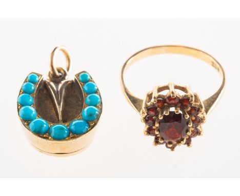 Two items of jewellery, including a garnet set cluster ring, marked 9ct, size M1/2 to N, 2.4grams; and a horseshoe shaped loc
