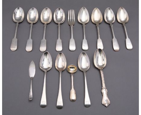 A mixed group of silver flatware including; a matched set of eight Fiddle pattern dessert spoons, various dates and makers mo