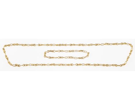 A fancy-link chain and bracelet, the chain of open fancy-links, without clasp, marked 750, length approx. 58.0cm, 27.7grams; 