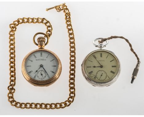 Waltham two pocket watches to include an engraved gold-plated pocket watch, the dial signed American Waltham Watch Co. the ca
